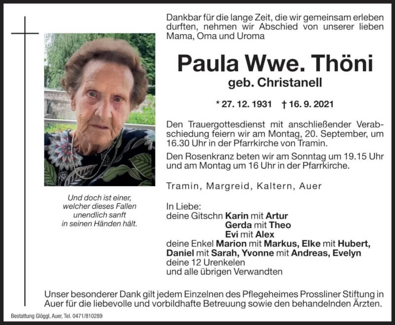  Traueranzeige für Paula Thöni vom 18.09.2021 aus Dolomiten