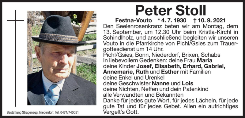  Traueranzeige für Peter Stoll vom 13.09.2021 aus Dolomiten