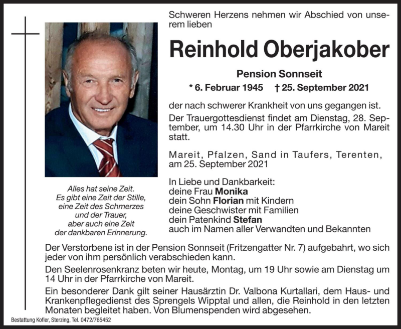  Traueranzeige für Reinhold Oberjakober vom 27.09.2021 aus Dolomiten