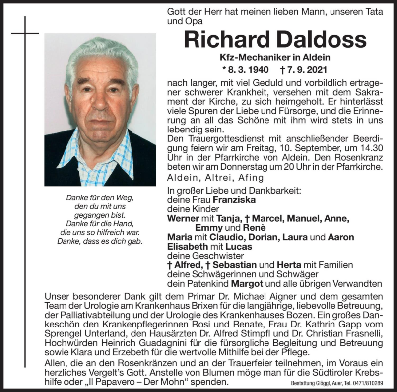  Traueranzeige für Richard Daldoss vom 09.09.2021 aus Dolomiten