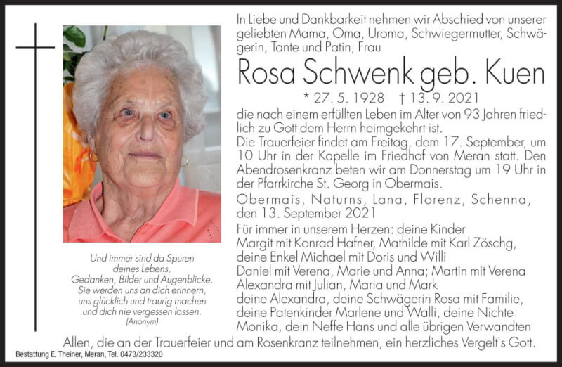  Traueranzeige für Rosa Schwenk vom 15.09.2021 aus Dolomiten