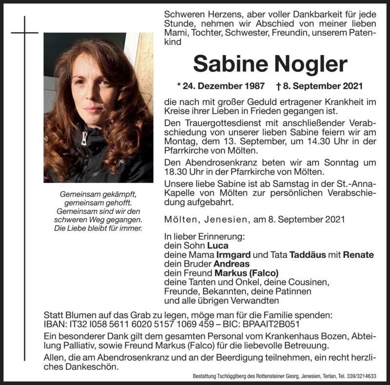  Traueranzeige für Sabine Nogler vom 11.09.2021 aus Dolomiten