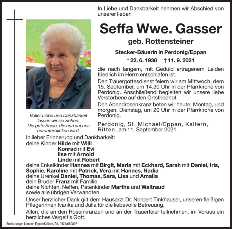  Traueranzeige für Seffa Gasser vom 13.09.2021 aus Dolomiten