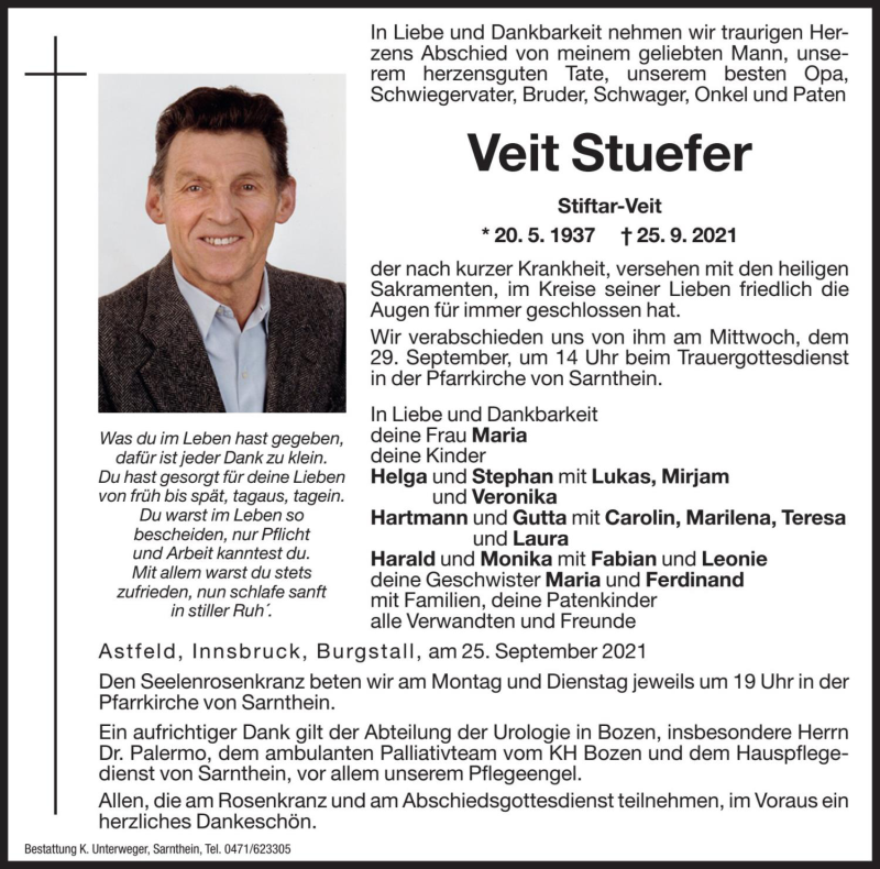  Traueranzeige für Veit Stuefer vom 27.09.2021 aus Dolomiten