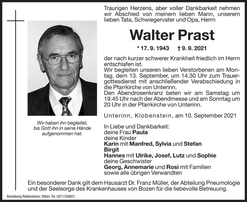  Traueranzeige für Walter Prast vom 10.09.2021 aus Dolomiten