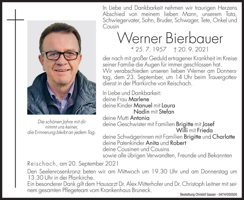  Traueranzeige für Werner Bierbauer vom 22.09.2021 aus Dolomiten