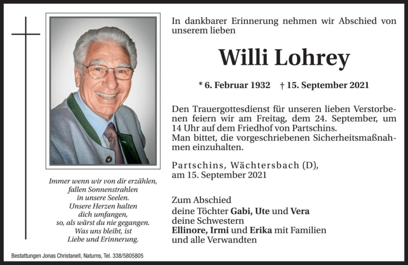  Traueranzeige für Willi Lohrey vom 22.09.2021 aus Dolomiten