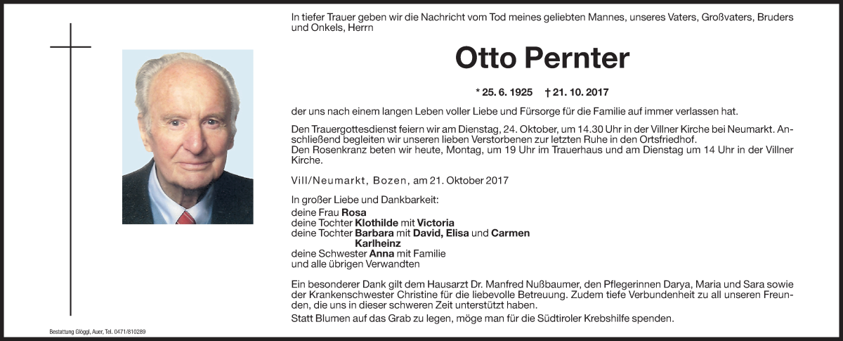  Traueranzeige für Otto Pernter vom 23.10.2017 aus Dolomiten