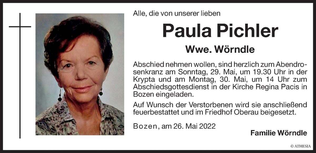  Traueranzeige für Paula Wörndle vom 26.05.2022 aus Dolomiten