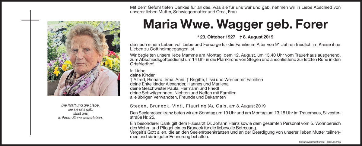  Traueranzeige für Maria Wagger vom 10.08.2019 aus Dolomiten