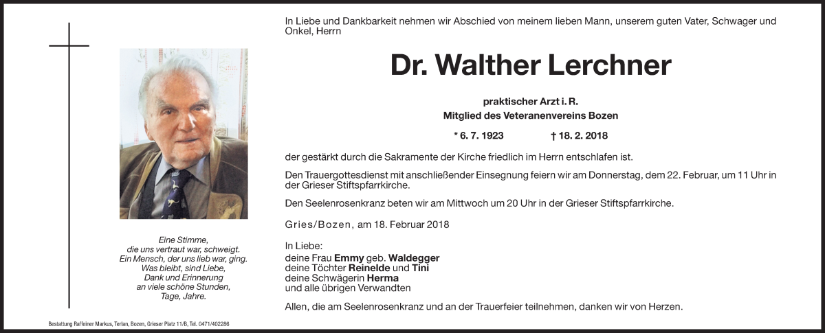  Traueranzeige für Walther Lerchner vom 20.02.2018 aus Dolomiten