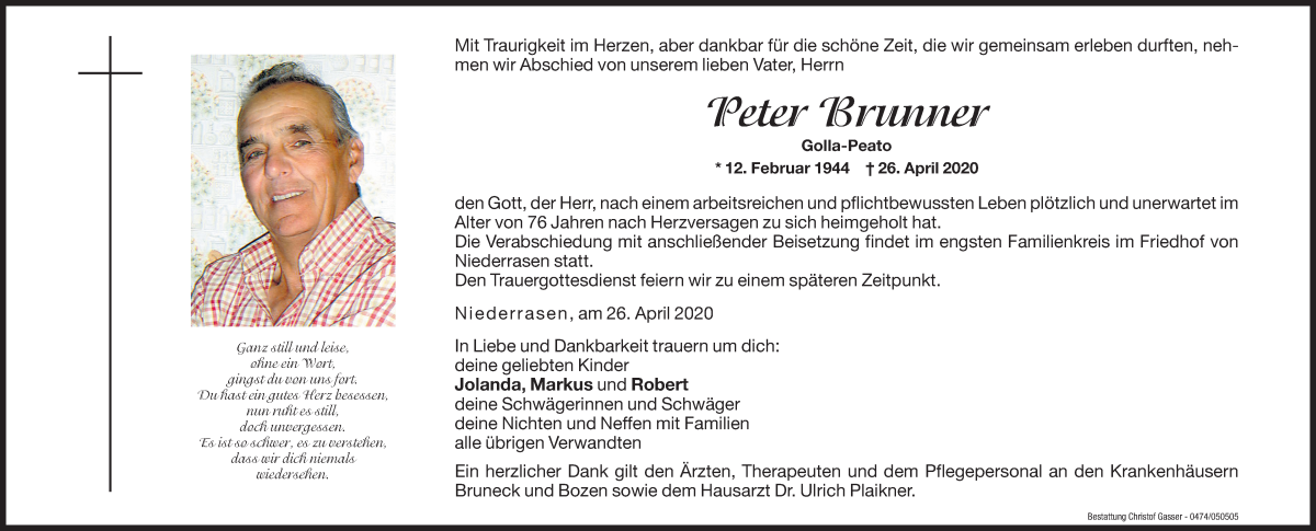  Traueranzeige für Peter Brunner vom 27.04.2020 aus Dolomiten