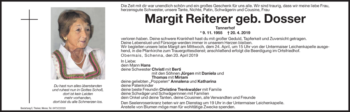  Traueranzeige für Margit Reiterer vom 23.04.2019 aus Dolomiten
