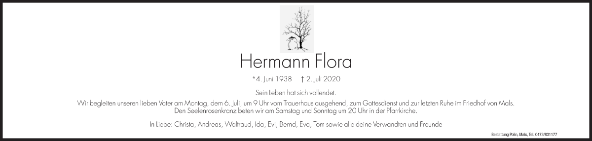  Traueranzeige für Hermann Flora vom 04.07.2020 aus Dolomiten