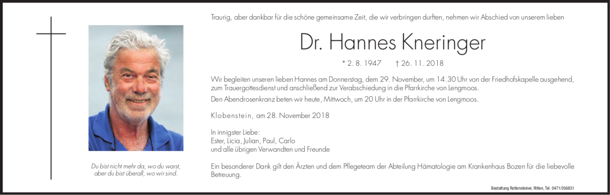  Traueranzeige für Hannes Kneringer vom 28.11.2018 aus Dolomiten