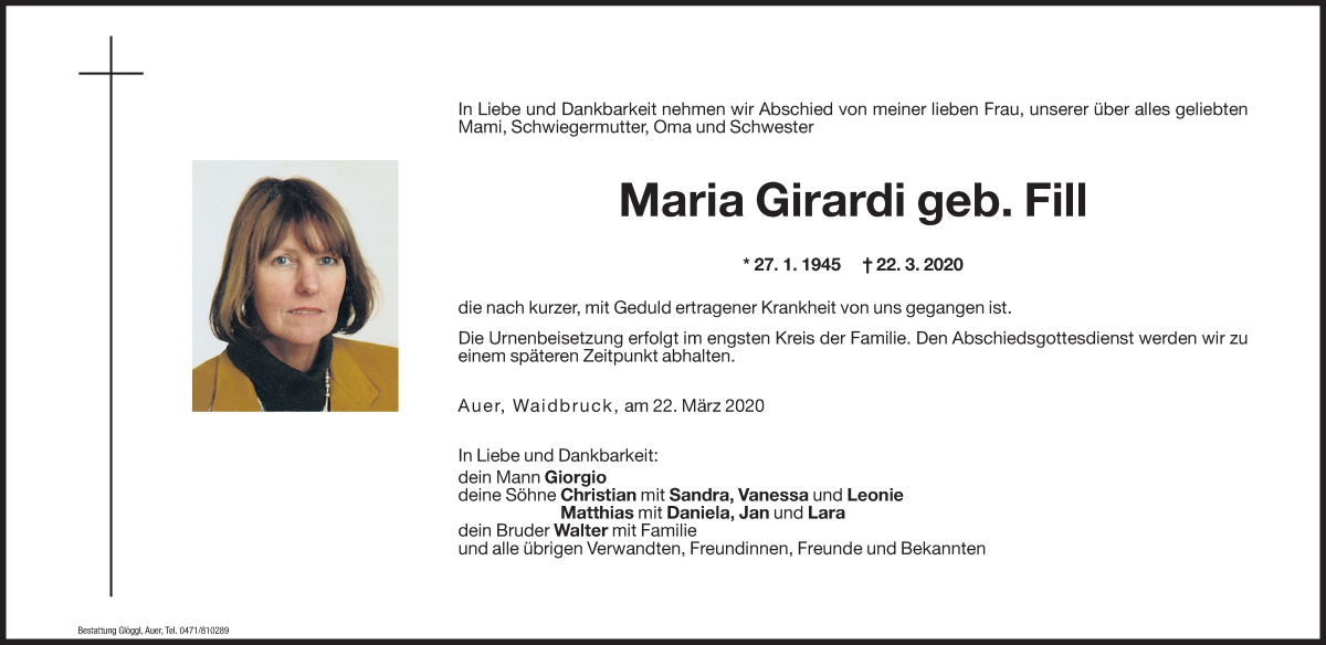  Traueranzeige für Maria Girardi vom 25.03.2020 aus Dolomiten