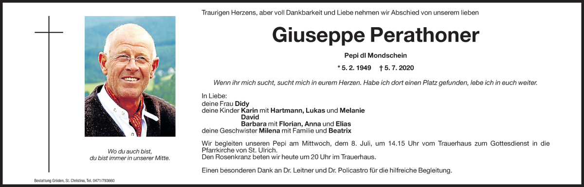  Traueranzeige für Giuseppe Perathoner vom 07.07.2020 aus Dolomiten