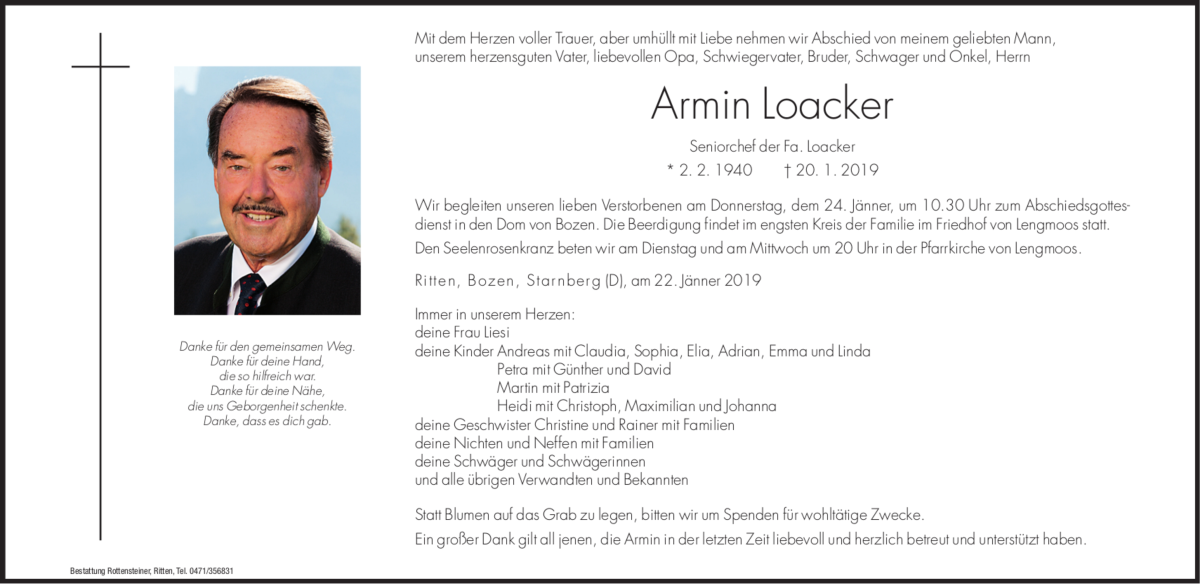  Traueranzeige für Armin Loacker vom 22.01.2019 aus Dolomiten