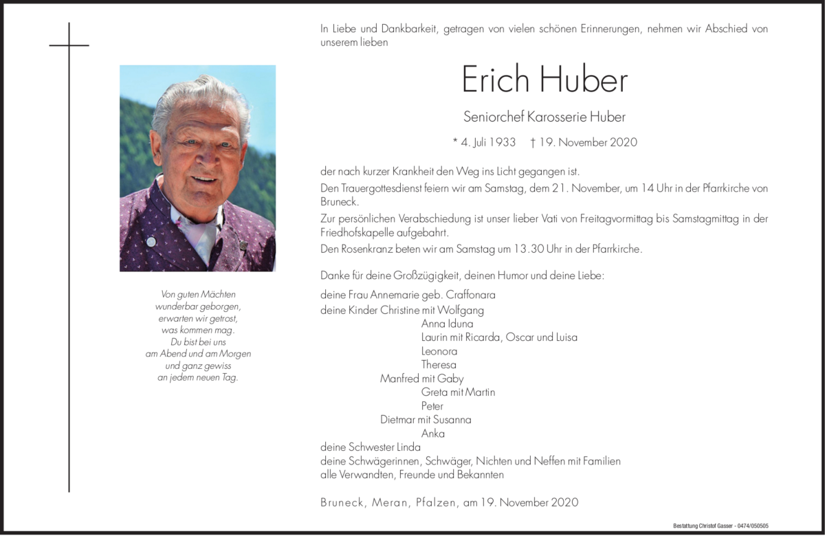  Traueranzeige für Erich Huber vom 20.11.2020 aus Dolomiten