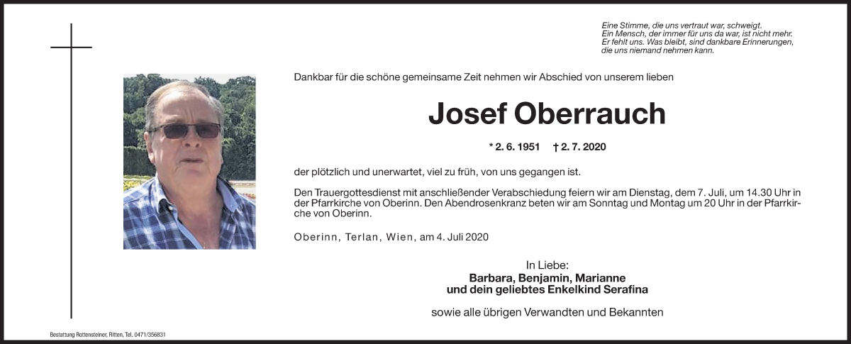  Traueranzeige für Josef Oberrauch vom 04.07.2020 aus Dolomiten
