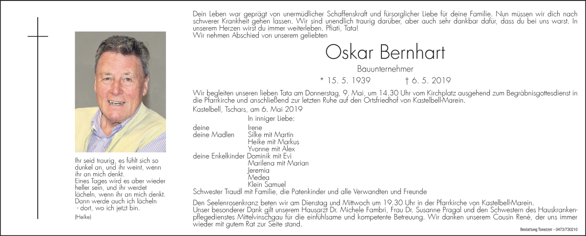 Traueranzeige für Oskar Bernhart vom 07.05.2019 aus Dolomiten