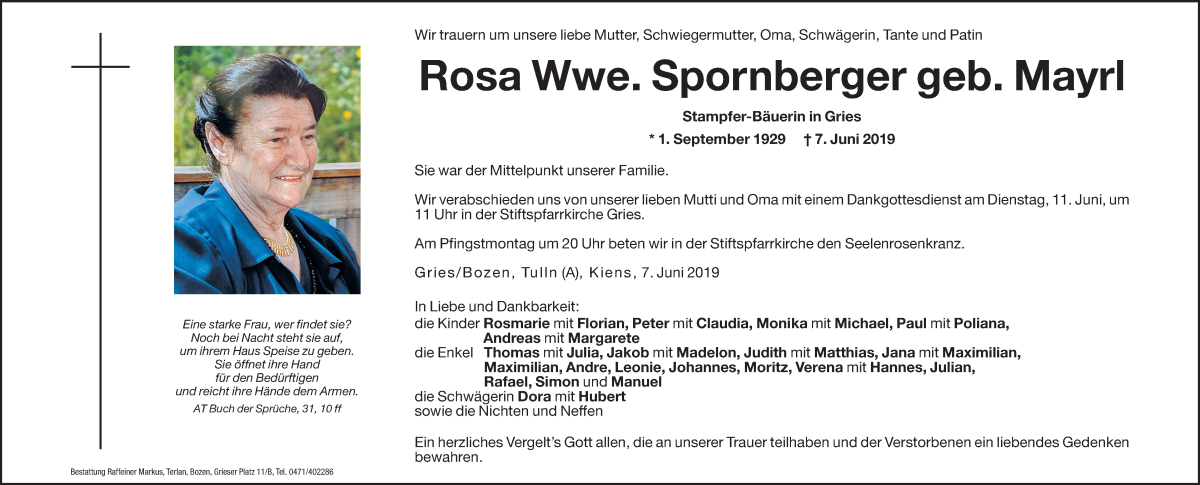  Traueranzeige für Rosa Spornberger vom 08.06.2019 aus Dolomiten