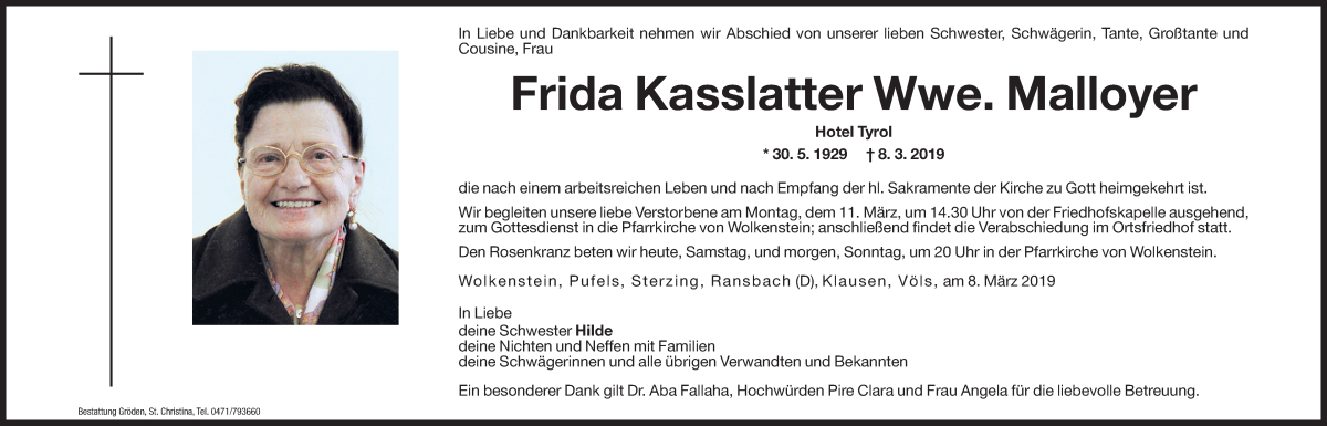  Traueranzeige für Frida Malloyer vom 09.03.2019 aus Dolomiten