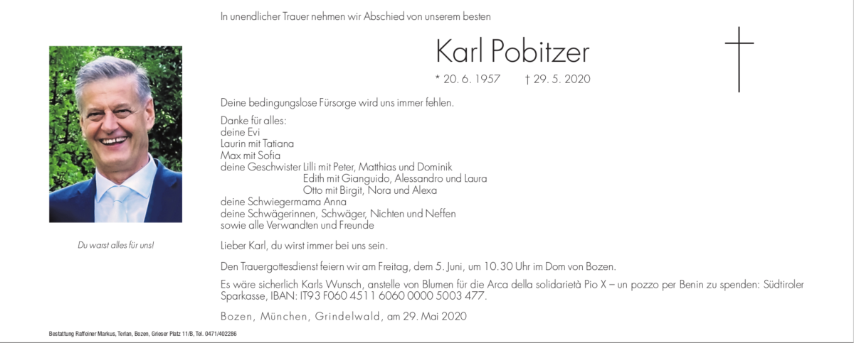  Traueranzeige für Karl Pobitzer vom 04.06.2020 aus Dolomiten