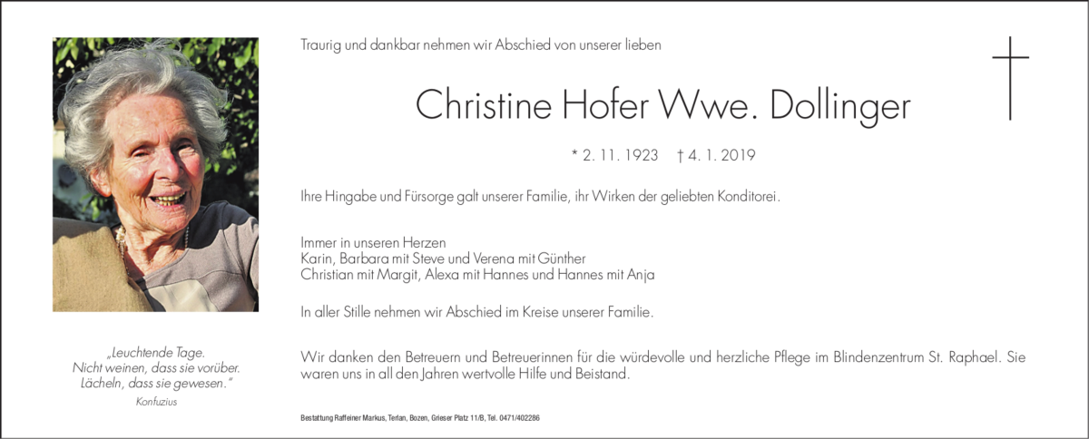  Traueranzeige für Christine Dollinger vom 09.01.2019 aus Dolomiten