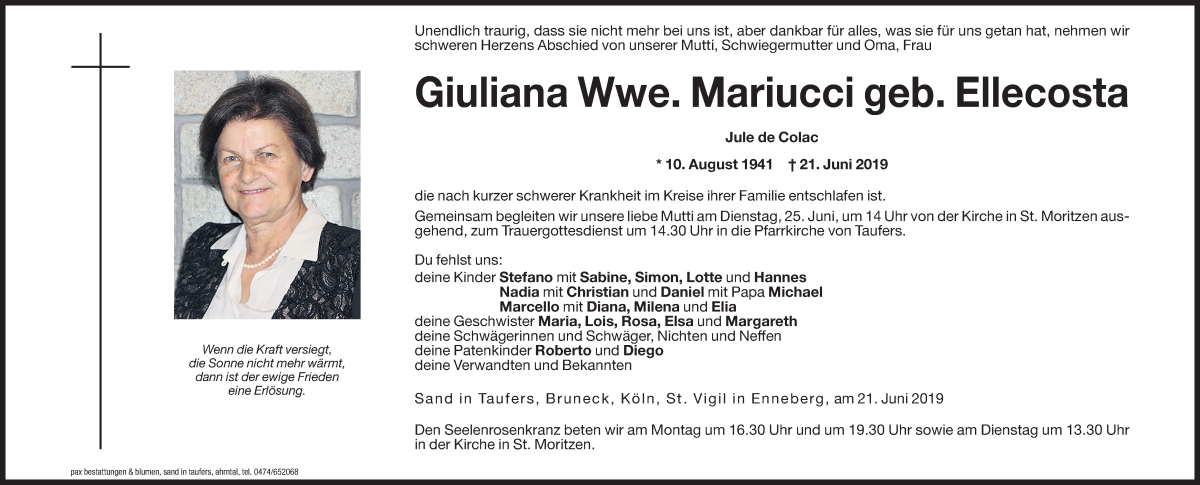  Traueranzeige für Giuliana Mariucci vom 24.06.2019 aus Dolomiten