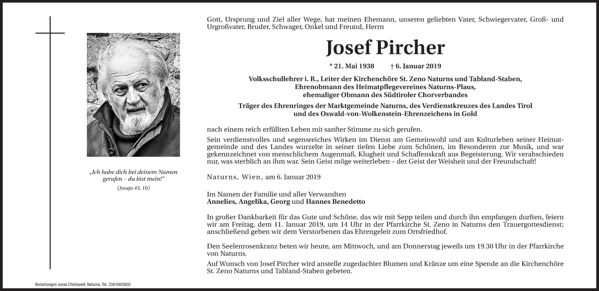  Traueranzeige für Josef Pircher vom 09.01.2019 aus Dolomiten
