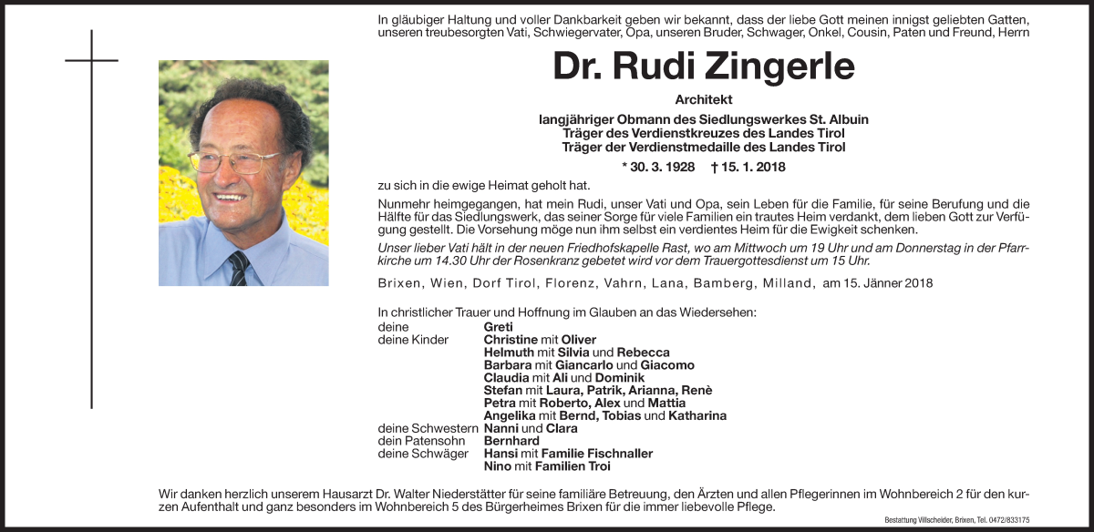  Traueranzeige für Rudi Zingerle vom 17.01.2018 aus Dolomiten