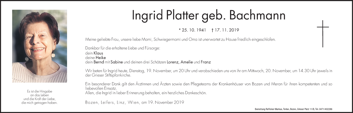  Traueranzeige für Ingrid Platter vom 19.11.2019 aus Dolomiten