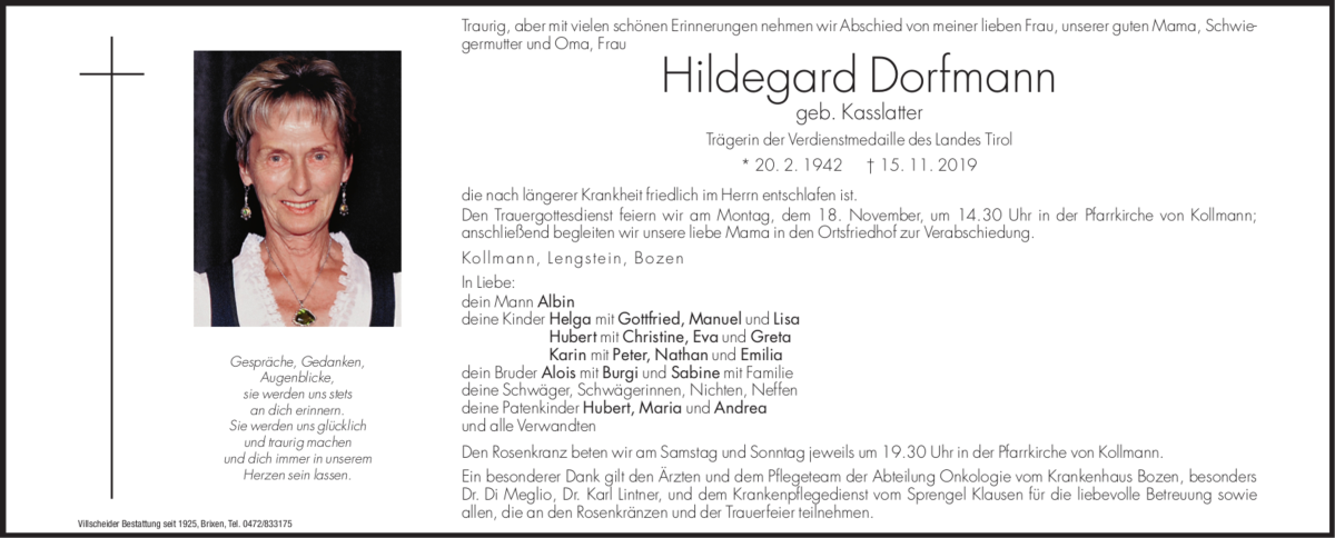  Traueranzeige für Hildegard Dorfmann vom 16.11.2019 aus Dolomiten