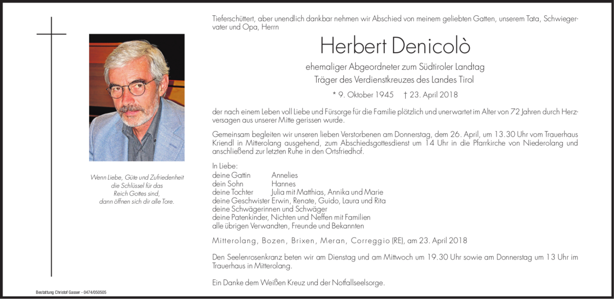  Traueranzeige für Herbert Denicolò vom 24.04.2018 aus Dolomiten