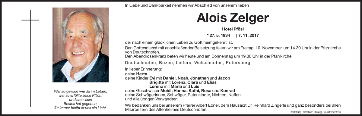  Traueranzeige für Alois Zelger vom 08.11.2017 aus Dolomiten