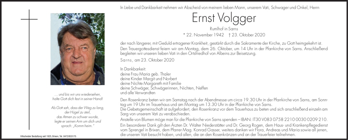  Traueranzeige für Ernst Volgger vom 24.10.2020 aus Dolomiten