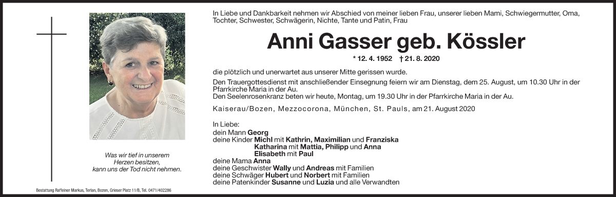  Traueranzeige für Anni Gasser vom 24.08.2020 aus Dolomiten
