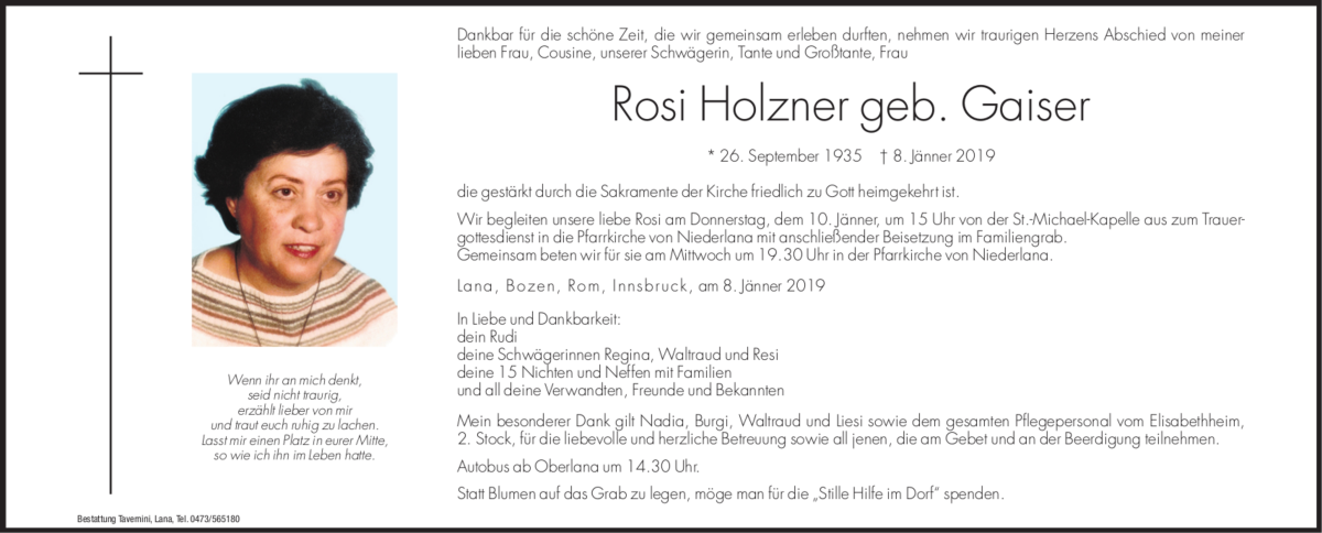  Traueranzeige für Rosi Holzner vom 09.01.2019 aus Dolomiten