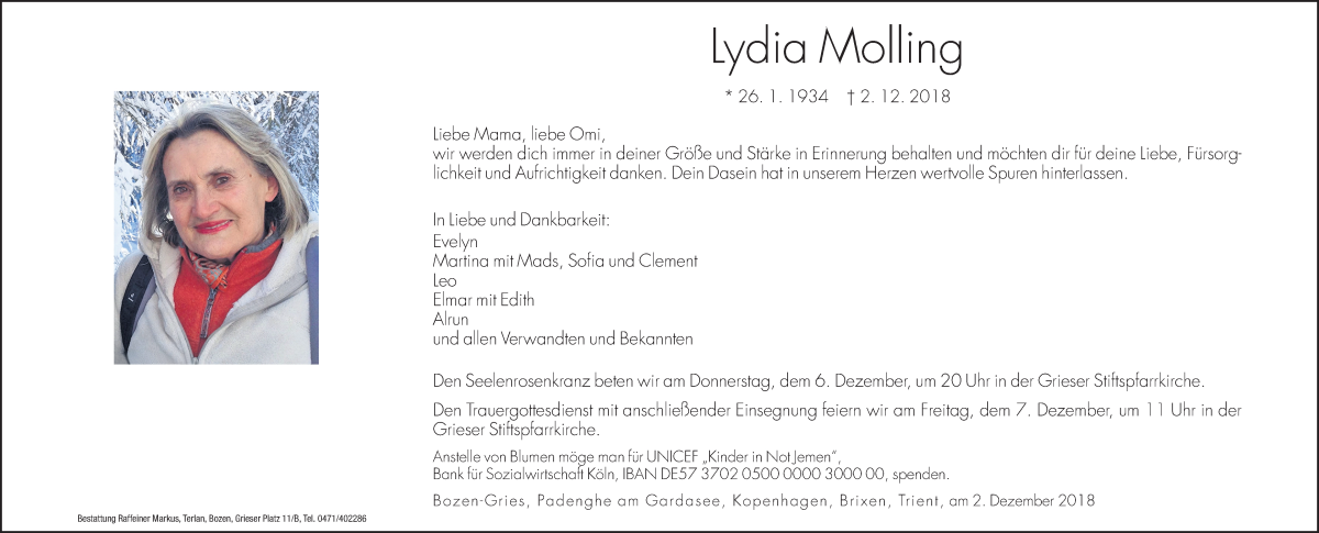  Traueranzeige für Lydia Molling vom 05.12.2018 aus Dolomiten
