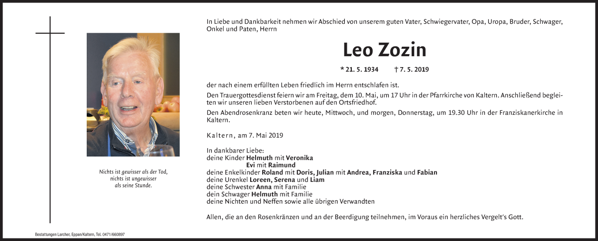  Traueranzeige für Leo Zozin vom 08.05.2019 aus Dolomiten