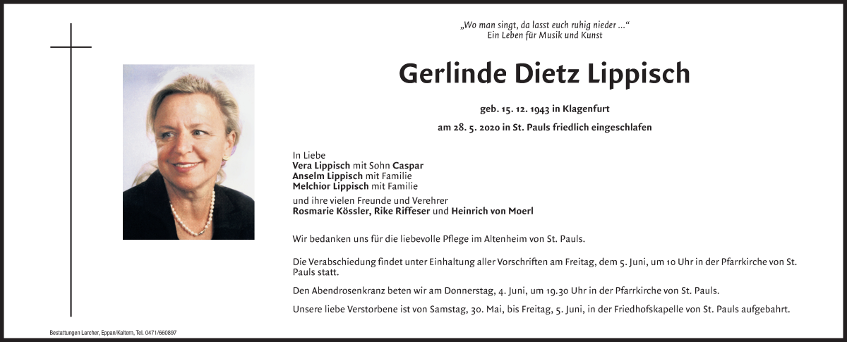  Traueranzeige für Gerlinde Dietz Lippisch vom 29.05.2020 aus Dolomiten