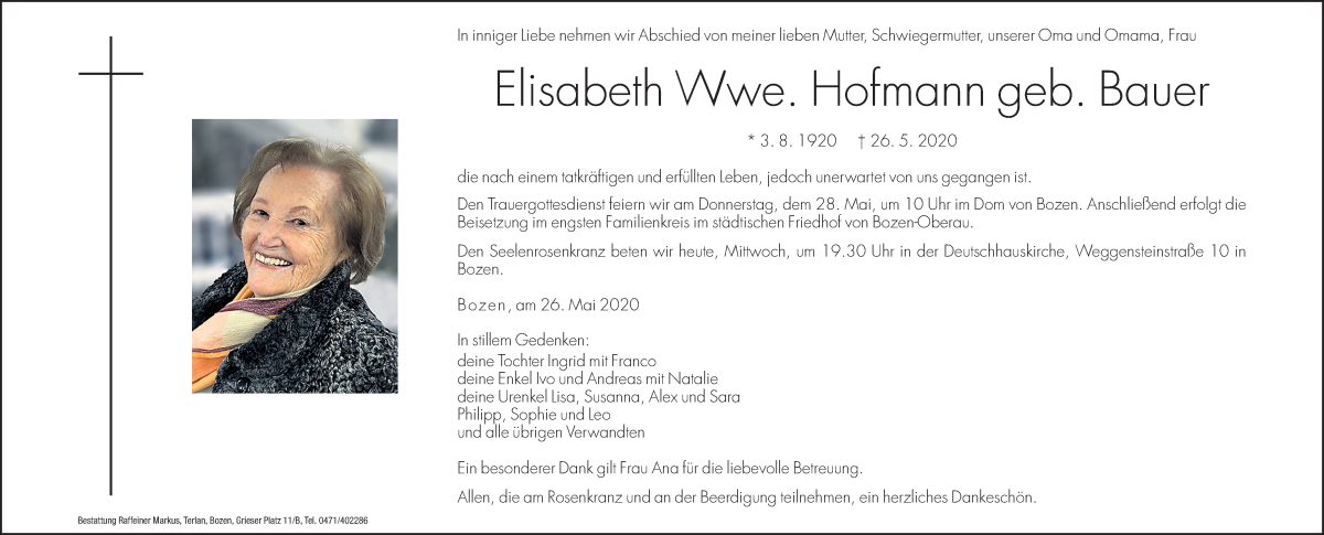  Traueranzeige für Elisabeth Hofmann vom 27.05.2020 aus Dolomiten