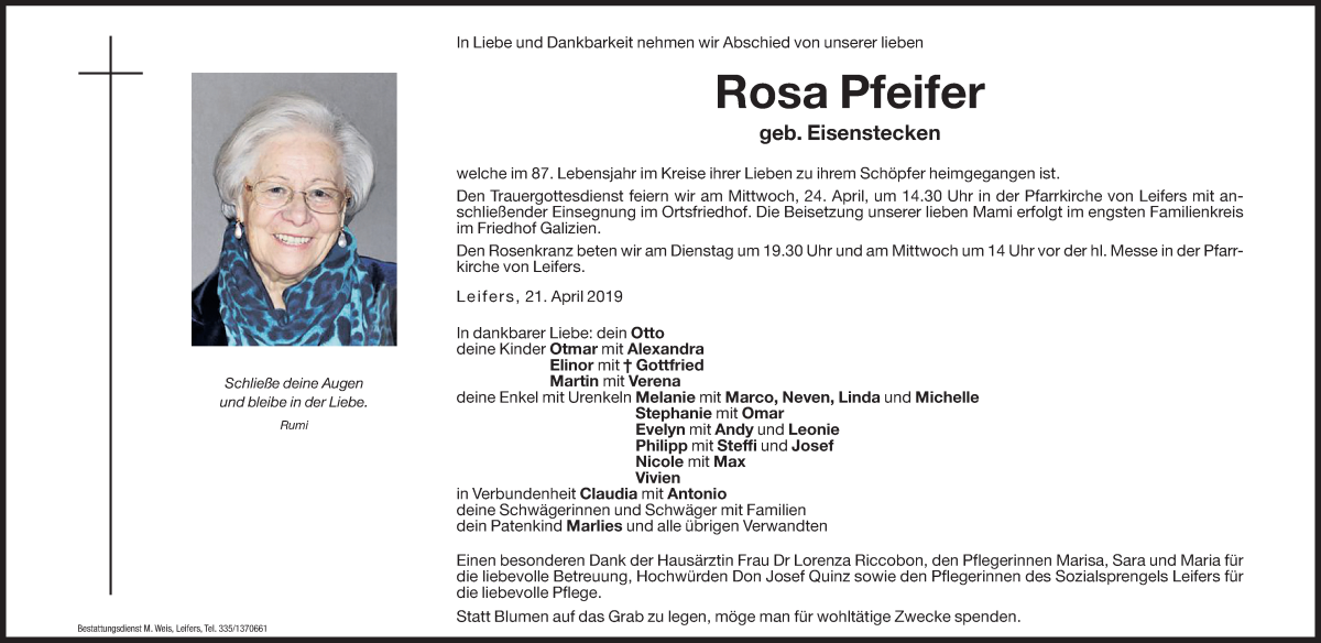  Traueranzeige für Rosa Pfeifer vom 23.04.2019 aus Dolomiten