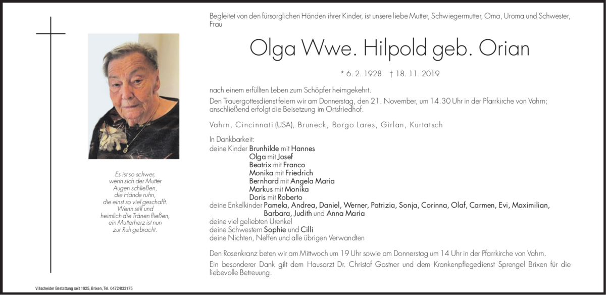  Traueranzeige für Olga Hilpold vom 19.11.2019 aus Dolomiten
