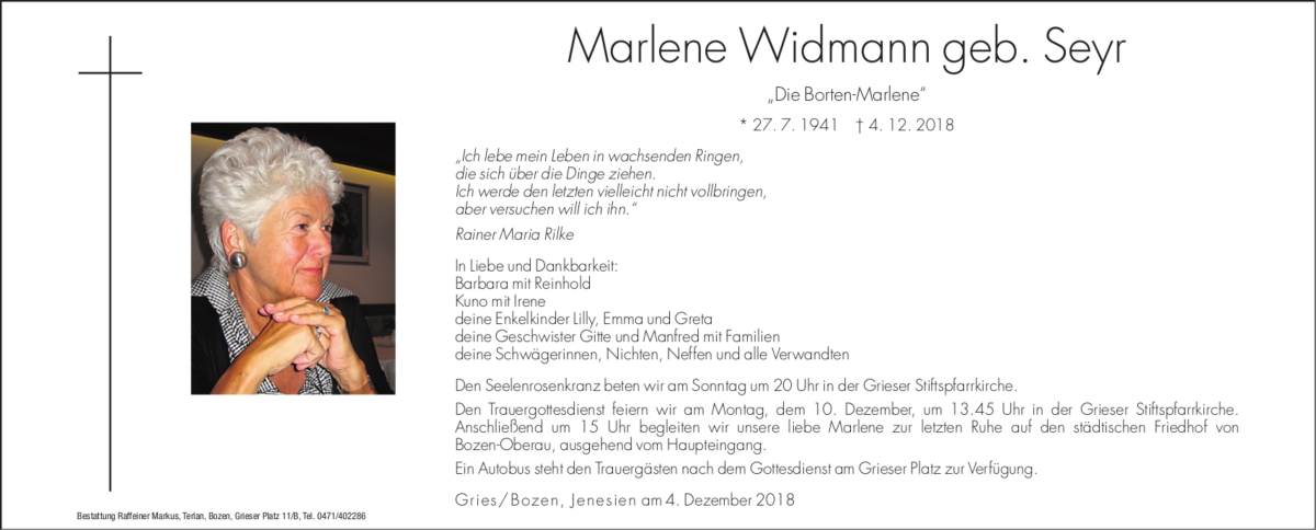  Traueranzeige für Marlene Widmann vom 07.12.2018 aus Dolomiten