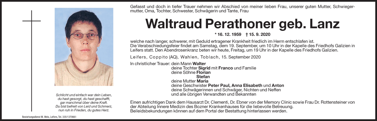  Traueranzeige für Waltraud Perathoner vom 18.09.2020 aus Dolomiten