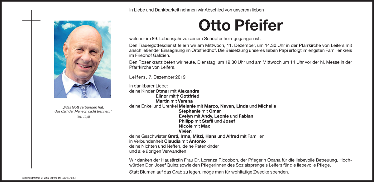  Traueranzeige für Otto Pfeifer vom 10.12.2019 aus Dolomiten
