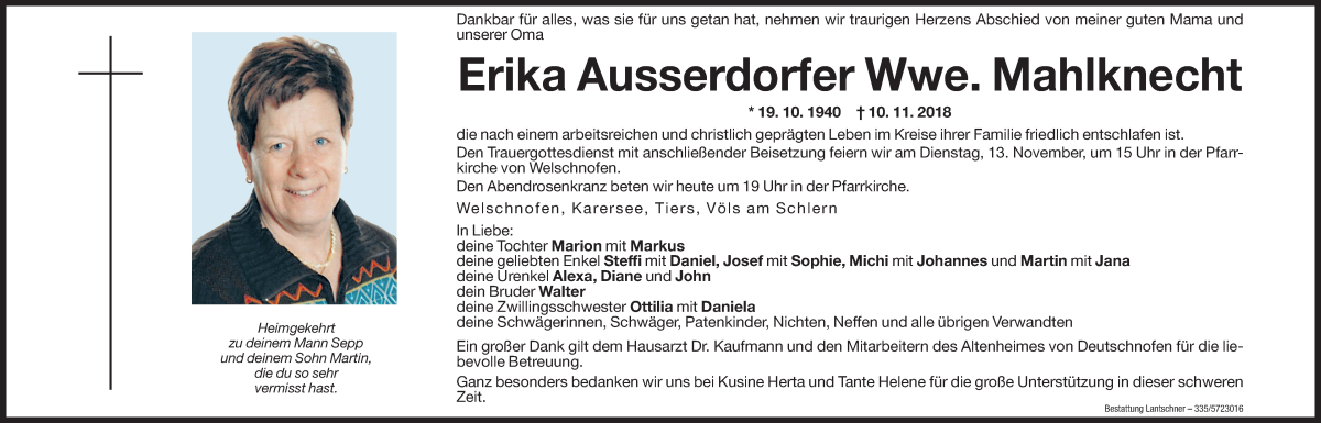  Traueranzeige für Erika Mahlknecht vom 12.11.2018 aus Dolomiten