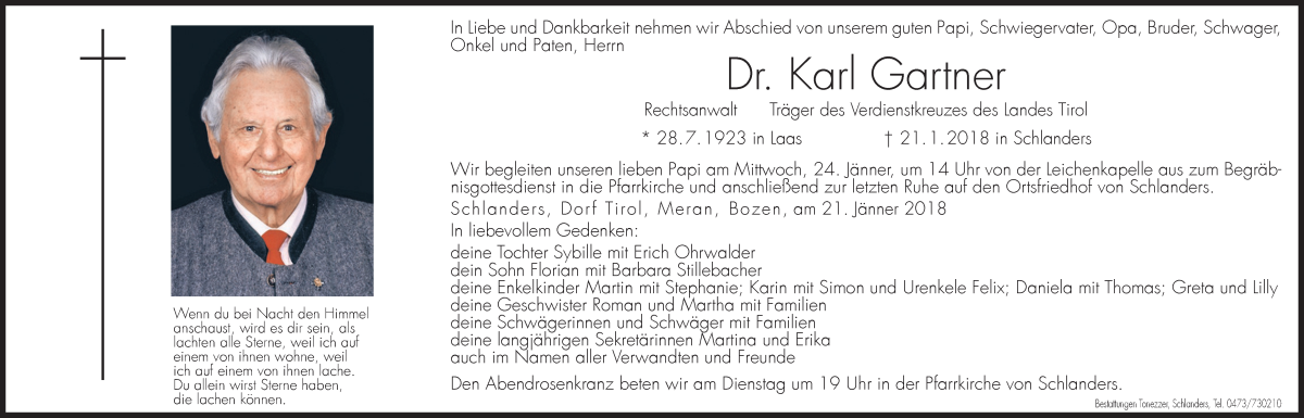  Traueranzeige für Karl Gartner vom 23.01.2018 aus Dolomiten